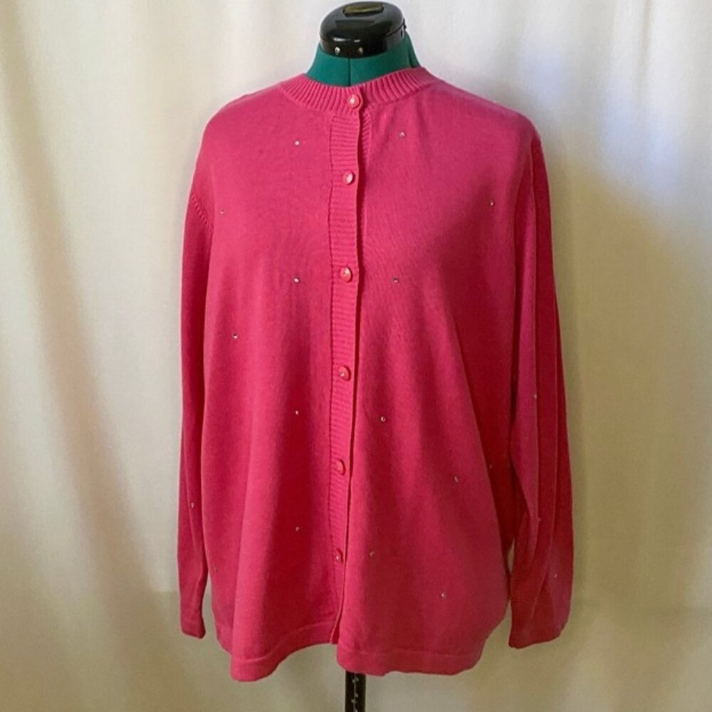The Quacker Factory hot pink button up cardigan with rhinestones